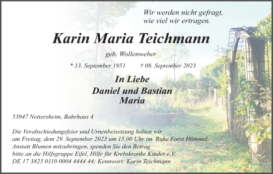 Anzeige von Karin Maria Teichmann von Kölner Stadt-Anzeiger / Kölnische Rundschau / Express
