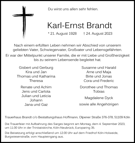 Anzeige von Karl-Ernst Brandt von Kölner Stadt-Anzeiger / Kölnische Rundschau / Express