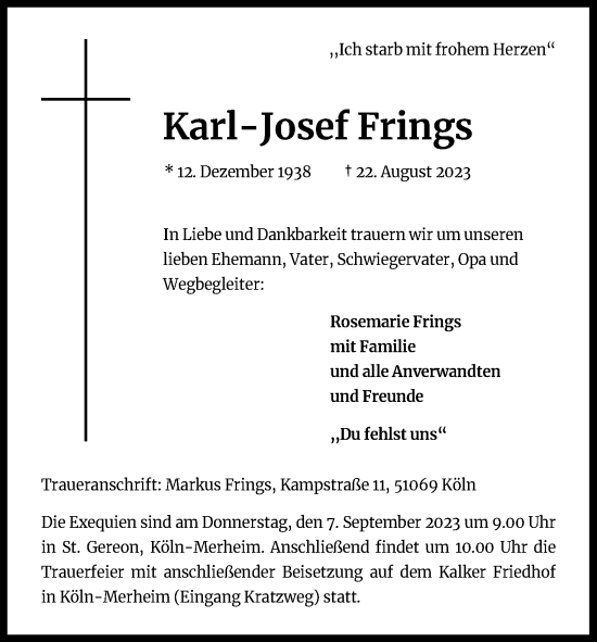 Anzeige von Karl-Josef Frings von Kölner Stadt-Anzeiger / Kölnische Rundschau / Express