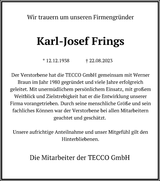 Anzeige von Karl-Josef Frings von Kölner Stadt-Anzeiger / Kölnische Rundschau / Express