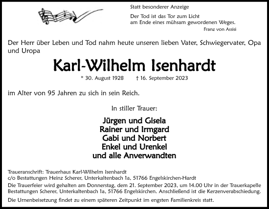 Anzeige von Karl-Wilhelm Isenhardt von Kölner Stadt-Anzeiger / Kölnische Rundschau / Express