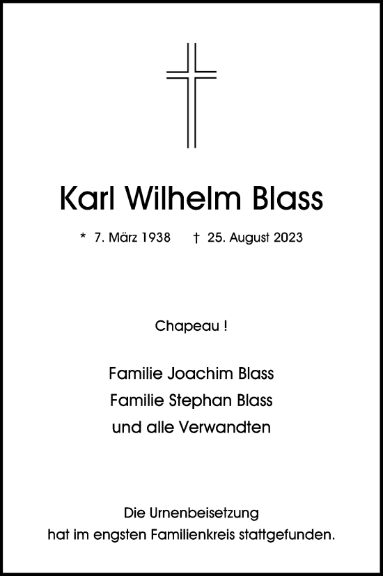 Anzeige von Karl Wilhelm Blass von Kölner Stadt-Anzeiger / Kölnische Rundschau / Express