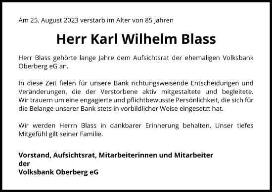 Anzeige von Karl Wilhelm Blass von Kölner Stadt-Anzeiger / Kölnische Rundschau / Express