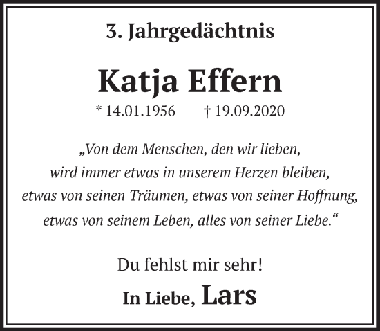 Anzeige von Katja Effern von  Wochenende 