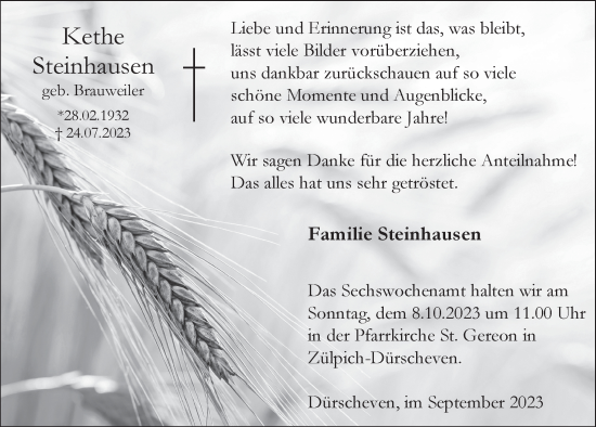 Anzeige von Kethe Steinhausen von  Blickpunkt Euskirchen 