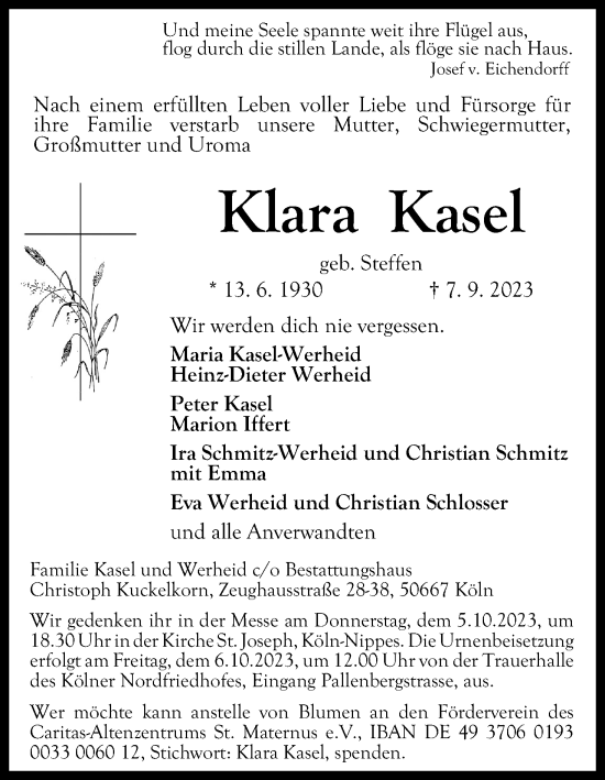 Anzeige von Klara Kasel von Kölner Stadt-Anzeiger / Kölnische Rundschau / Express