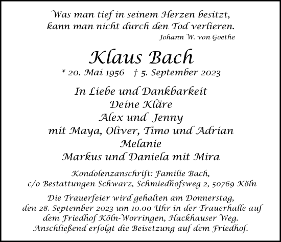 Anzeige von Klaus Bach von Kölner Stadt-Anzeiger / Kölnische Rundschau / Express