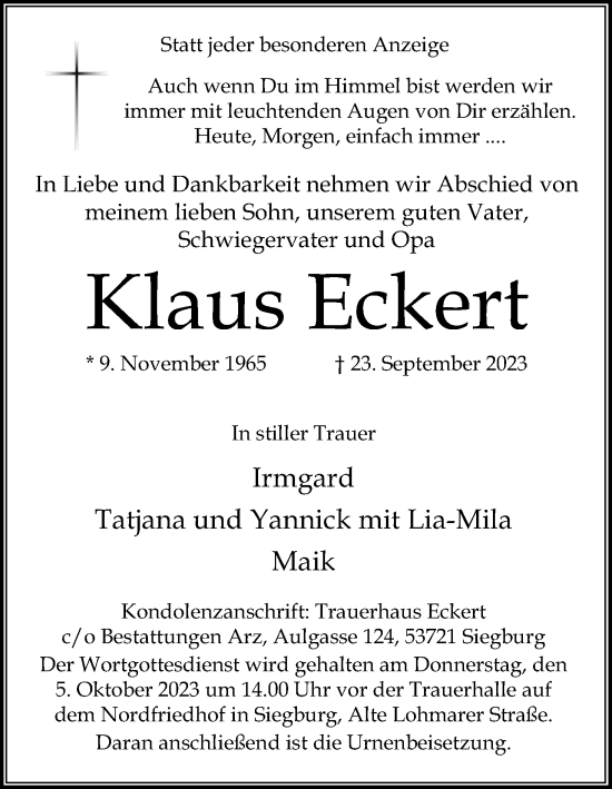 Anzeige von Klaus Eckert von Kölner Stadt-Anzeiger / Kölnische Rundschau / Express