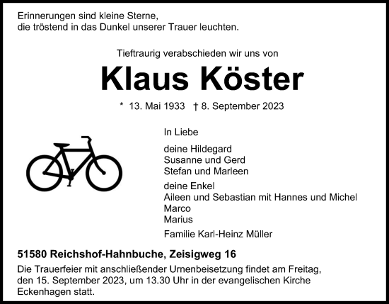 Anzeige von Klaus Köster von Kölner Stadt-Anzeiger / Kölnische Rundschau / Express