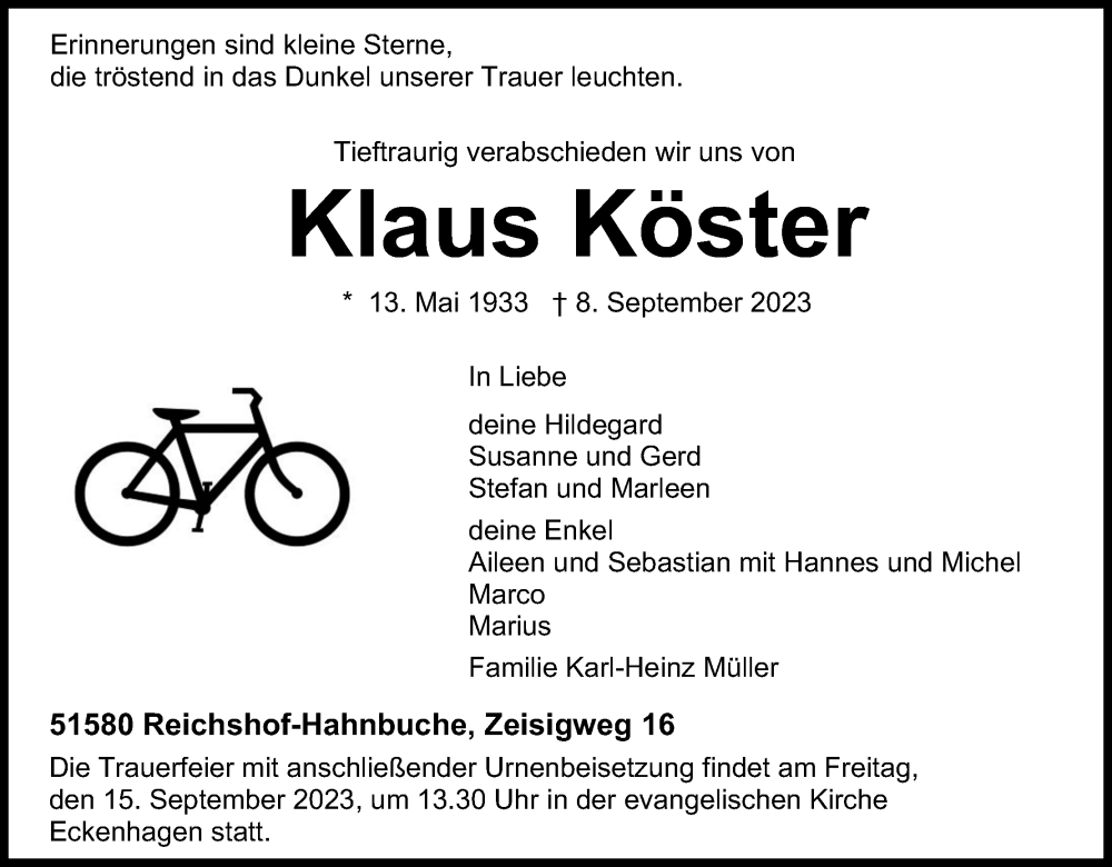  Traueranzeige für Klaus Köster vom 12.09.2023 aus Kölner Stadt-Anzeiger / Kölnische Rundschau / Express