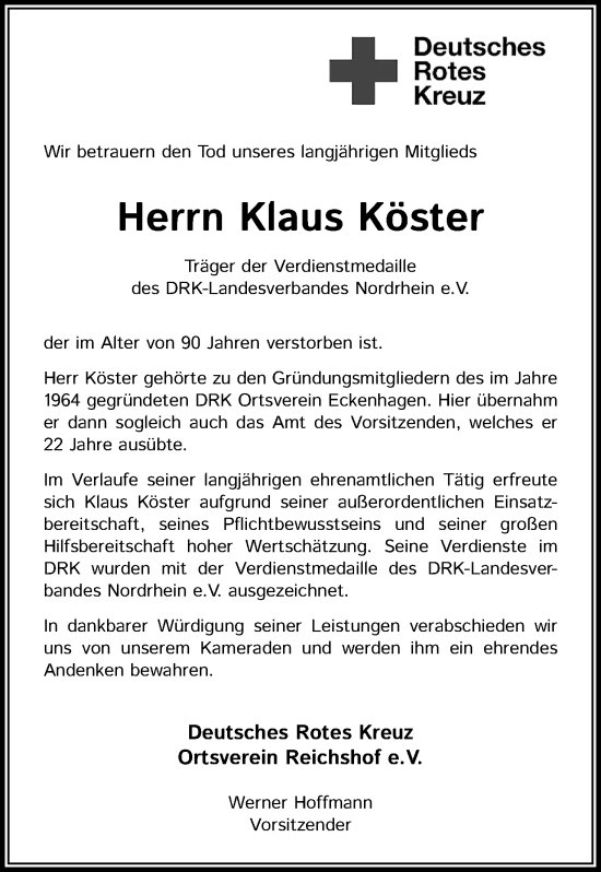 Anzeige von Klaus Köster von Kölner Stadt-Anzeiger / Kölnische Rundschau / Express