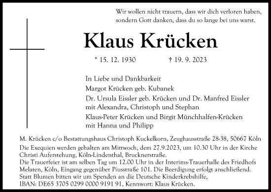 Anzeige von Klaus Krücken von Kölner Stadt-Anzeiger / Kölnische Rundschau / Express