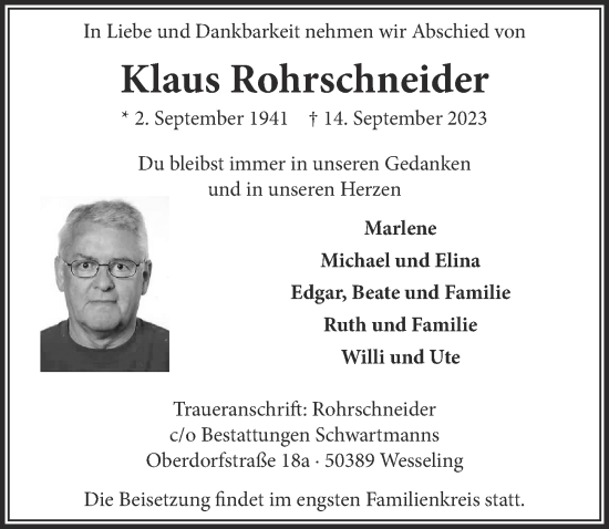 Anzeige von Klaus Rohrschneider von  Schlossbote/Werbekurier 