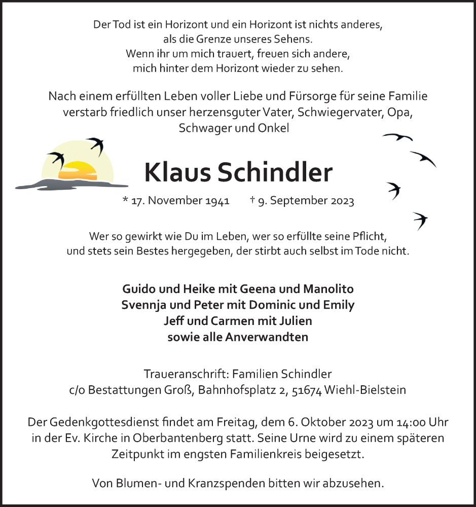  Traueranzeige für Klaus Schindler vom 16.09.2023 aus Kölner Stadt-Anzeiger / Kölnische Rundschau / Express
