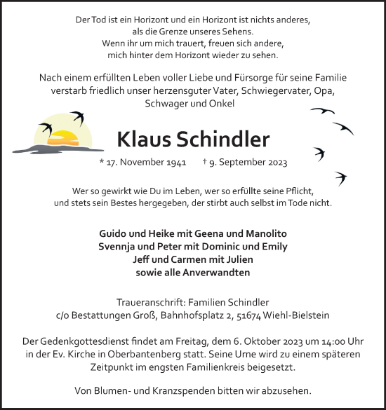 Anzeige von Klaus Schindler von Kölner Stadt-Anzeiger / Kölnische Rundschau / Express