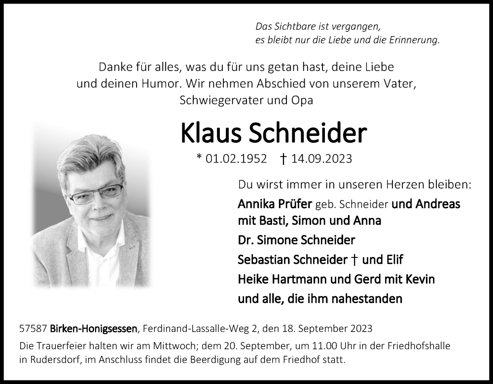  Traueranzeige für Klaus Schneider vom 18.09.2023 aus Kölner Stadt-Anzeiger / Kölnische Rundschau / Express
