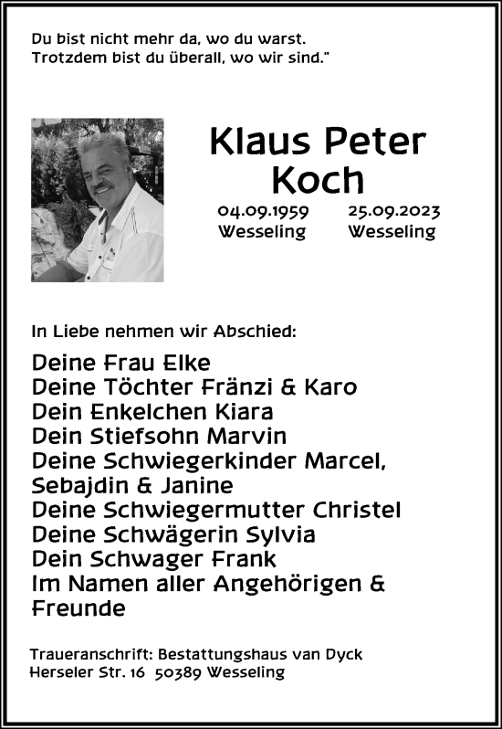 Anzeige von Klaus Peter Koch von Kölner Stadt-Anzeiger / Kölnische Rundschau / Express