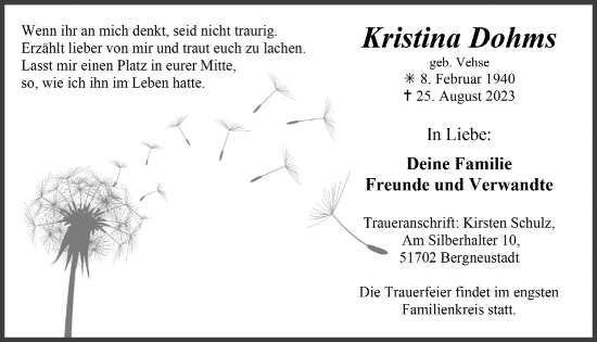 Anzeige von Kristina Dohms von  Anzeigen Echo 
