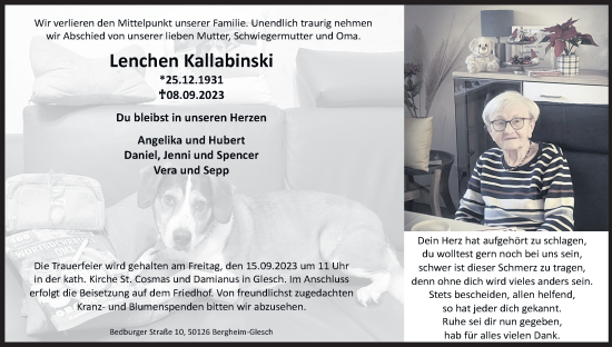 Anzeige von Lenchen Kallabinski von Kölner Stadt-Anzeiger / Kölnische Rundschau / Express