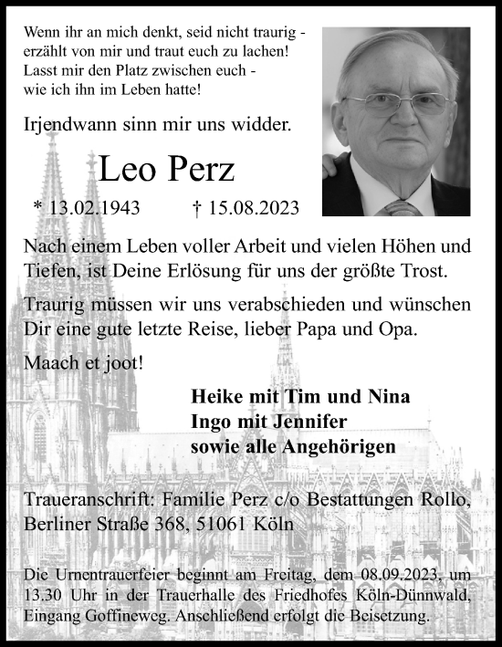 Anzeige von Leo Perz von Kölner Stadt-Anzeiger / Kölnische Rundschau / Express