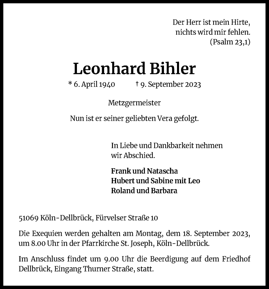  Traueranzeige für Leonhard Bihler vom 16.09.2023 aus Kölner Stadt-Anzeiger / Kölnische Rundschau / Express