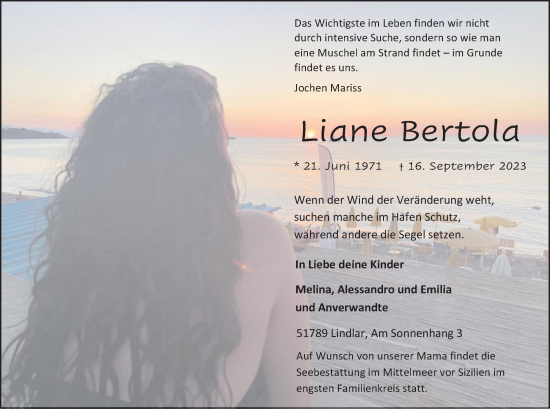 Anzeige von Liane Bertola von Kölner Stadt-Anzeiger / Kölnische Rundschau / Express