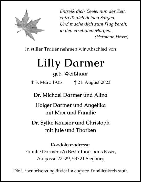 Anzeige von Lilly Darmer von Kölner Stadt-Anzeiger / Kölnische Rundschau / Express