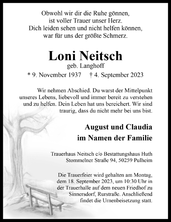 Anzeige von Loni Neitsch von  Wochenende 