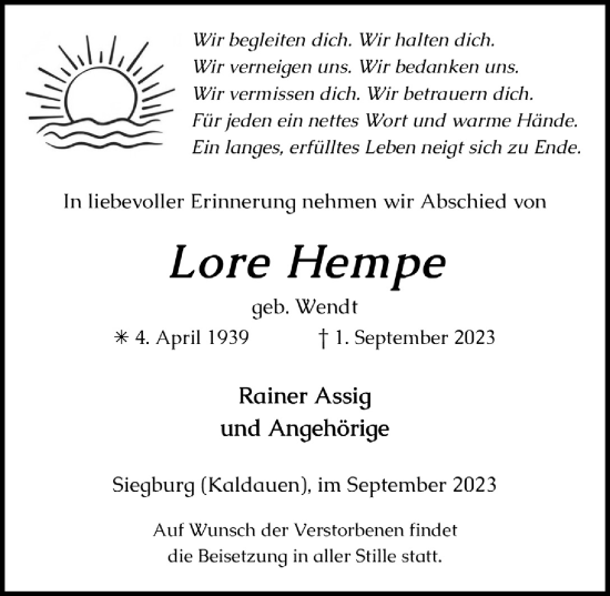 Anzeige von Lore Hempe von  Extra Blatt 