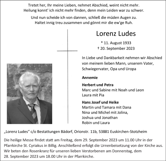 Anzeige von Lorenz Ludes von  Blickpunkt Euskirchen 