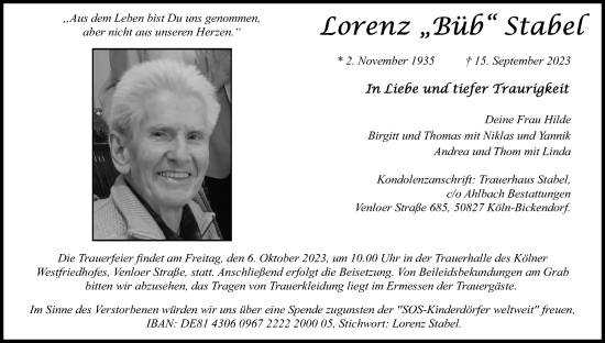 Anzeige von Lorenz Stabel von Kölner Stadt-Anzeiger / Kölnische Rundschau / Express