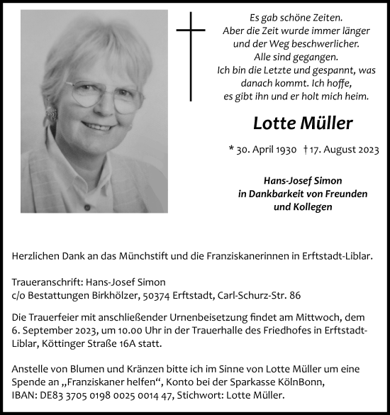 Anzeige von Lotte Müller von Kölner Stadt-Anzeiger / Kölnische Rundschau / Express