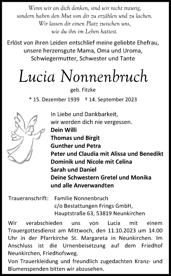 Anzeige von Lucia Nonnenbruch von Kölner Stadt-Anzeiger / Kölnische Rundschau / Express