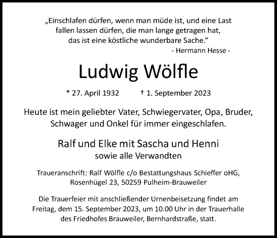 Anzeige von Ludwig Wölfle von Kölner Stadt-Anzeiger / Kölnische Rundschau / Express
