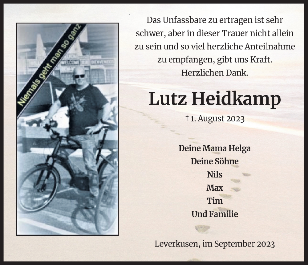  Traueranzeige für Lutz Heidkamp vom 09.09.2023 aus Kölner Stadt-Anzeiger / Kölnische Rundschau / Express