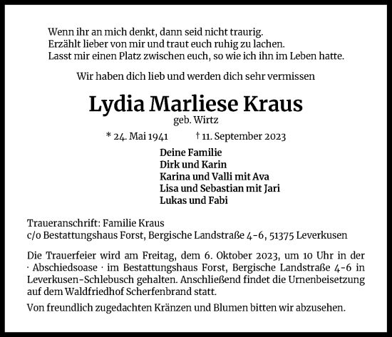 Anzeige von Lydia Marliese Kraus von Kölner Stadt-Anzeiger / Kölnische Rundschau / Express