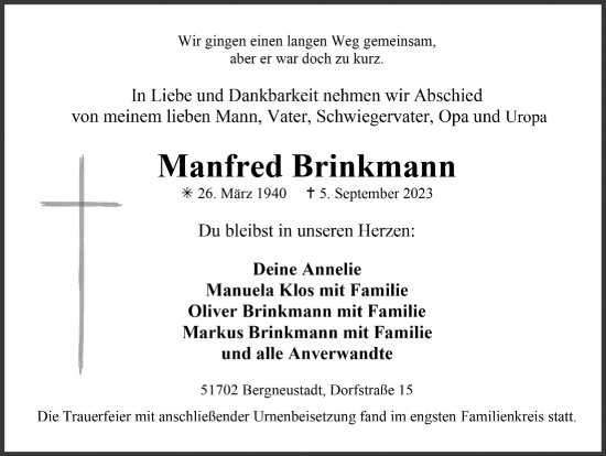 Anzeige von Manfred Brinkmann von  Anzeigen Echo 