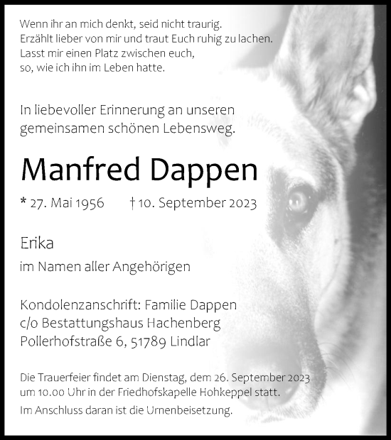Anzeige von Manfred Dappen von Kölner Stadt-Anzeiger / Kölnische Rundschau / Express