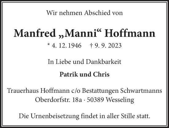 Anzeige von Manfred Hoffmann von  Schlossbote/Werbekurier 