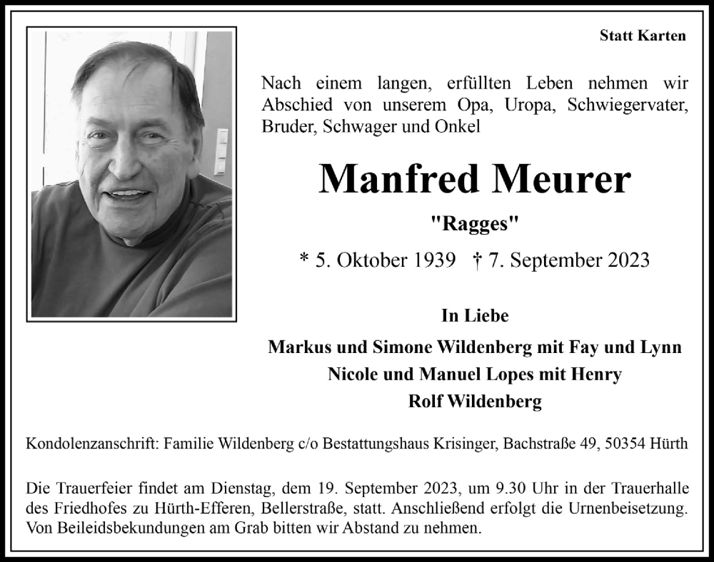  Traueranzeige für Manfred Meurer vom 15.09.2023 aus  Wochenende 