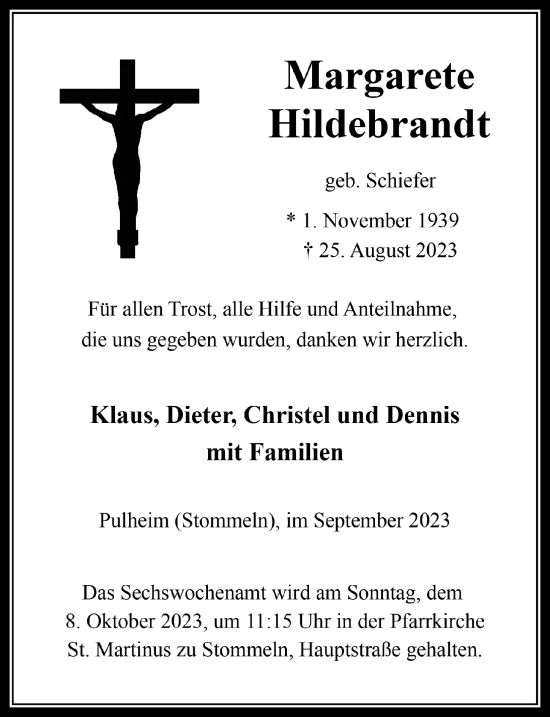 Anzeige von Margarete Hildebrand von  Wochenende 