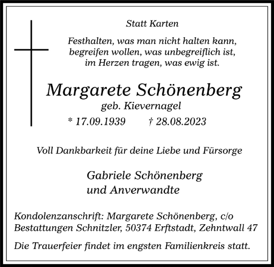 Anzeige von Margarete Schönenberg von  Werbepost 