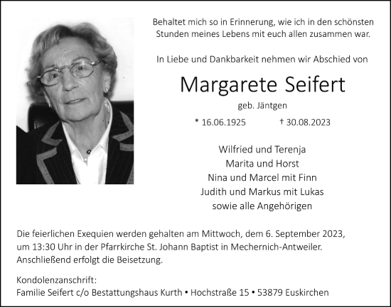 Anzeige von Margarete Seifert von  Blickpunkt Euskirchen 