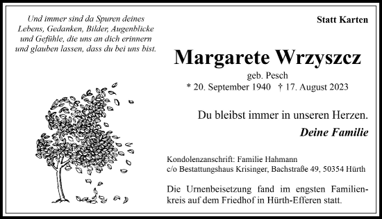Anzeige von Margarete Wrzyszcz von  Wochenende 