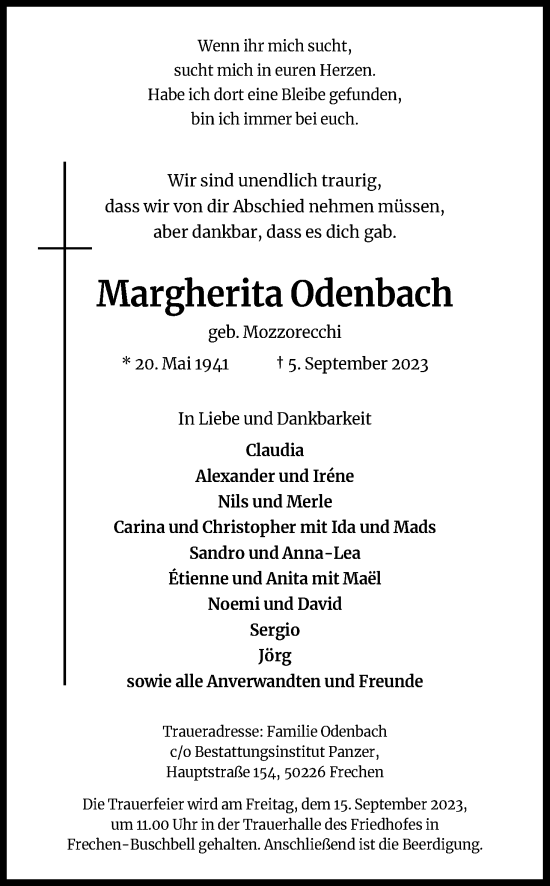 Anzeige von Margherita Odenbach0 von Kölner Stadt-Anzeiger / Kölnische Rundschau / Express