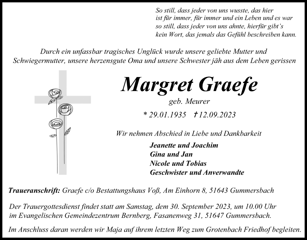  Traueranzeige für Margret Graefe vom 23.09.2023 aus Kölner Stadt-Anzeiger / Kölnische Rundschau / Express