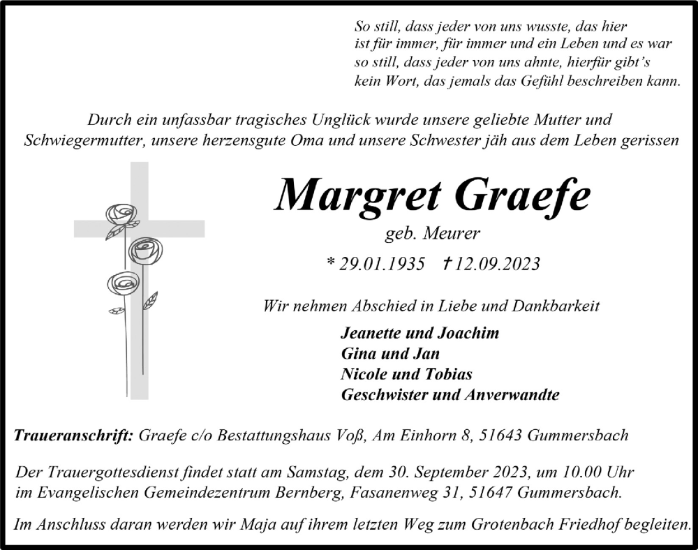  Traueranzeige für Margret Graefe vom 22.09.2023 aus  Anzeigen Echo 