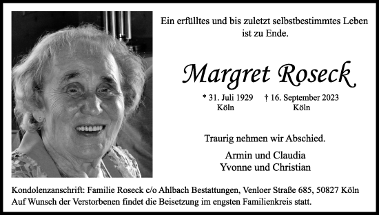 Anzeige von Margret Roseck von Kölner Stadt-Anzeiger / Kölnische Rundschau / Express