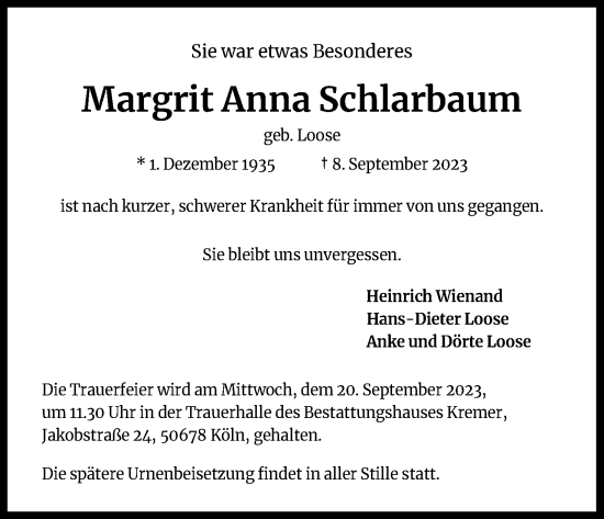 Anzeige von Margrit Anna Schlarbaum von Kölner Stadt-Anzeiger / Kölnische Rundschau / Express