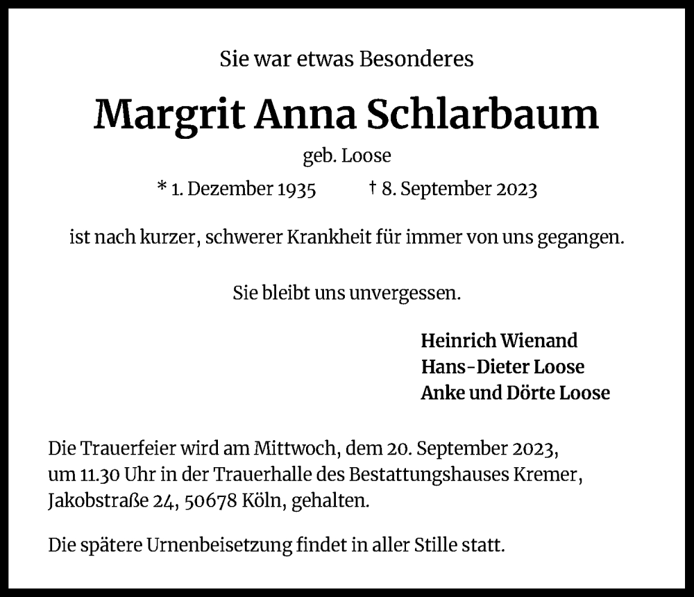  Traueranzeige für Margrit Anna Schlarbaum vom 16.09.2023 aus Kölner Stadt-Anzeiger / Kölnische Rundschau / Express